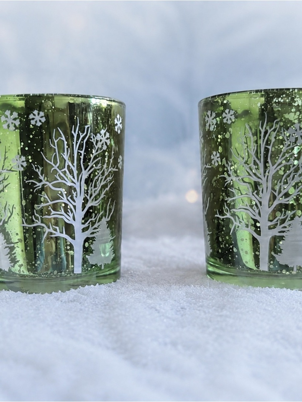Set of 2 Green Glass Winter Forest Votive Candle Holders